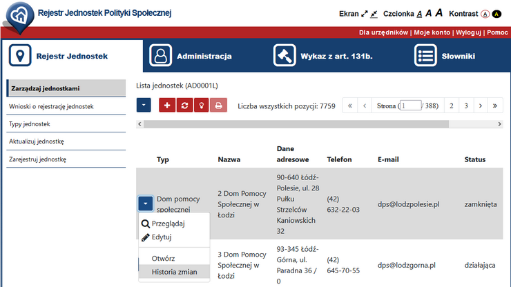 Lista jednostek Historia zmian